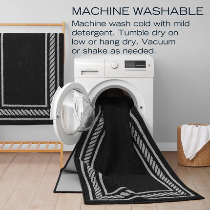 Nautica – Runner Rug 2 Piece Set | Indoor Runners for Hallways and Entry Rugs| Non-Skid Entry and Kitchen Door Mat| Machine Washable Carpet Rugs | 2'2" x 3'9" and 2'2" x 5' | Rope Border Black