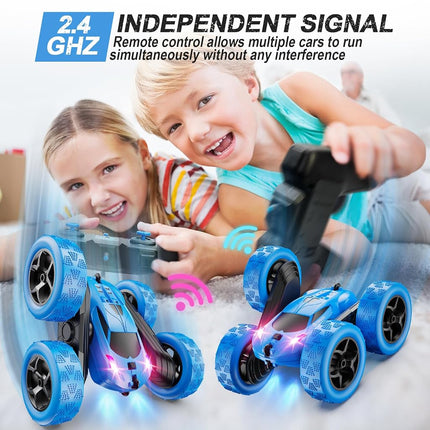 QUNREDA Remote Control Car, RC Cars Toys for Kids Ages 6-12, 4WD Stunt Car with LED Lights & 360° Flips, 2.4GHz, Upgraded USB-C Modular Batteries, 8-10 Year Old Boys Blue
