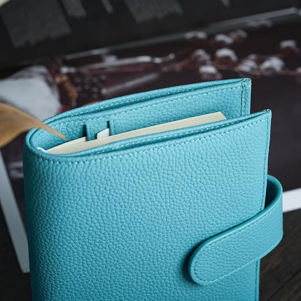 Ox Knight Leather A6 Notebook Cover - Deluxe Planner Cover Fits Hobonichi Techo, Stalogy, Midori MD Planner, and More - with Pen Loop, Card Slots, Back Pocket, and Bookmarks (Light Blue), 5.12Wx6.61L