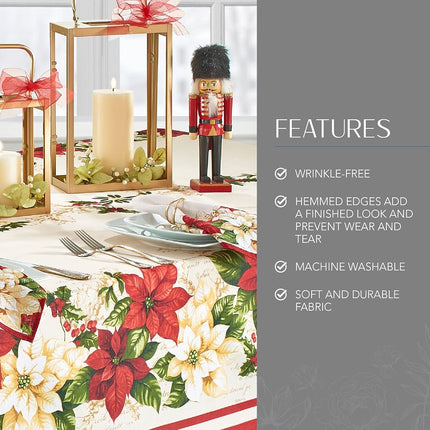 Threadmade Elrene Red and White Poinsettia Fabric Christmas Tablecloth, Polyester, 84" x 60" (Oblong)