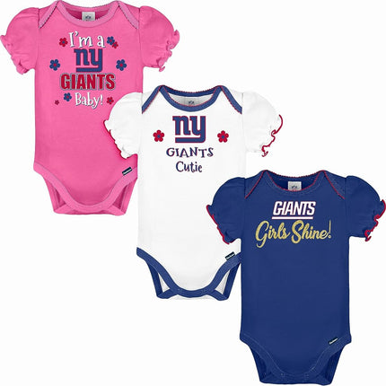 NFL New York Giants 3 Pack Ruffle Sleeve Team Bodysuit, Blue/White/Pink New York Giants, 18 Months
