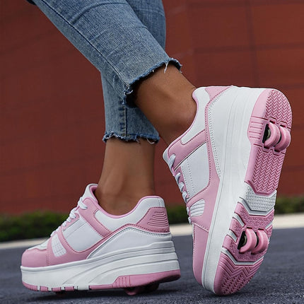 ANEFUN Roller Skate Shoes for Kids Girls Boys Detachable Wheeled Fashion Sneakers White Pink