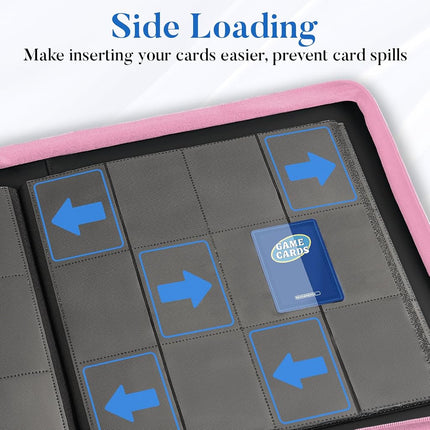 Premium Zip Card Binder 12 Pocket, Fabmaker 912 Pockets Trading Card Binder, PU Zipper Card Collection Album, Sturdy Side-Loading Card Book Holder for MTG, TCG, Game Cards, Sports Cards, Pink