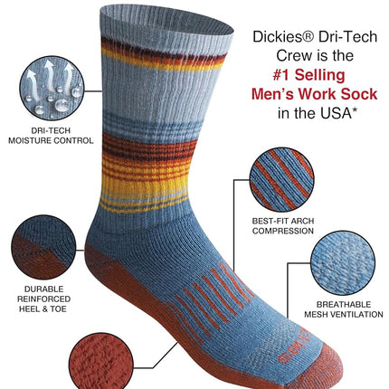 Dickies Men's Dri-tech Legacy Moisture Control Crew Socks Multipack, Blue Assort (6 Pairs), L