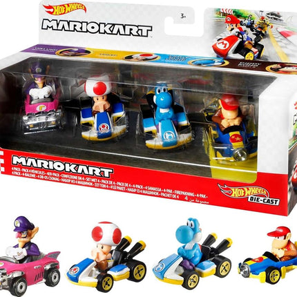 Hot Wheels Mario Kart Vehicle 4-Pack, Set of 4 Fan-Favorite Characters Includes 1 Exclusive Model, Collectible Gift for Kids & Fans Ages 3 Years Old & Up