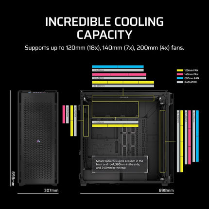 CORSAIR 9000D RGB AIRFLOW Super Full-Tower PC Case – Fits up to 18x 120mm, 7x 140mm, or 4x 200mm Fans – InfiniRail™ Fan Mounting – iCUE LINK System Hub Included – No Fans Included – Black