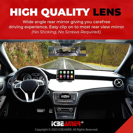 14.2" ICBEAMER Clip On Rear View Mirror | Flat Clear Tint, Panoramic Wide Angle HD Glass, Anti Glare, Universal Fit for Car, SUV, Truck | Eliminates Blind Spots (1 Pack)