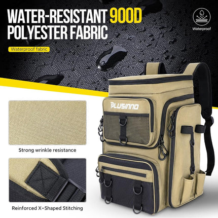 PLUSINNO Fishing Backpack with Rod Holders, 42L Large Water-Resistant Fishing Tackle Bag Store Fishing Gear for Fishing, Camping, Hiking, Fishing Gifts for Men Father, Khaki