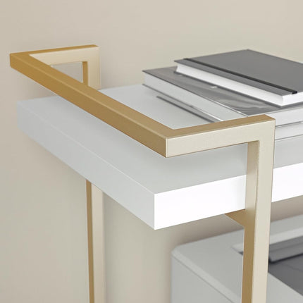 MARTHA STEWART Liam 2-Tier Mobile Office Storage and Printer Cart in White with Polished Brass Frame
