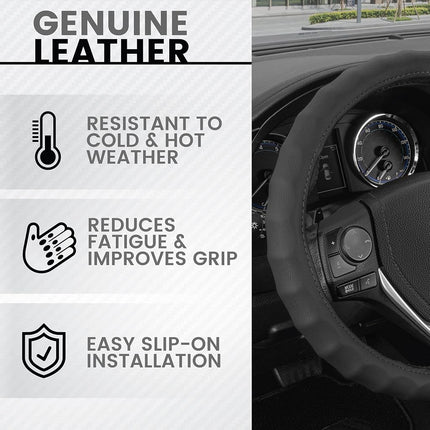 BDK Genuine Leather Steering Wheel Cover-Black, 100-Percent Odorless, Small (13.5 to 14.5-Inch)