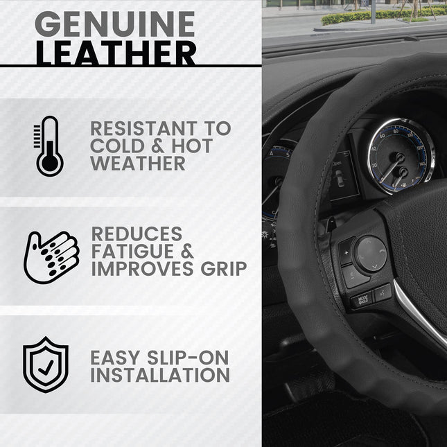 BDK Genuine Leather Steering Wheel Cover-Black, 100-Percent Odorless, Small (13.5 to 14.5-Inch)