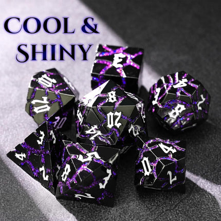 Metal Dice for DND - Ancient Cracked - Black Purple Glitter Cracks