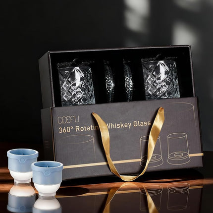CEEFU Old Fashioned Whiskey Glasses with 360° Rotating Base, Set of 2 (2 Crystal Glasses Set, 2 Big Ice Ball Molds) In Gift Box - Bourbon, Cocktail, Rocks, Bday Gifts Ideas for Men, Ice Crackle