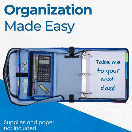 Case-it Mighty Zip Tab School Zipper Binder | 3-Inch O-Rings, 600-Sheet Capacity, 5-Subject Expanding File Folder, Multiple Pockets & Storage Organizer, Shoulder Strap | D-146 Glacier