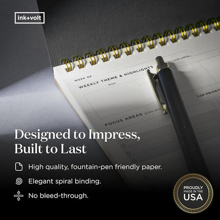 Ink+Volt Dashboard Spiral Deskpad | Undated Weekly Planner Notepad w/ 52 Undated Sheets, Premium Productivity Planner, Minimalist Weekly to do List for Work & Study | A4 Size, Black - Made in the USA