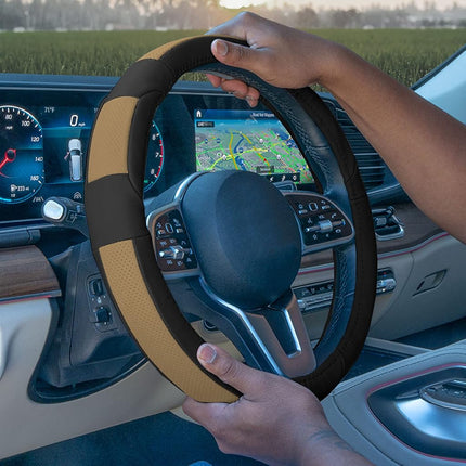 FH Group FH2002BEIGEBLACK Steering Wheel Cover (Deluxe Full Grain Authentic Leather Beige/Black)