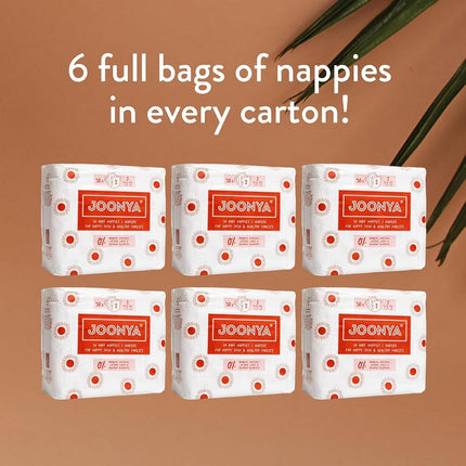 Joonya Baby Nappies, Size 2 S (3-6 kg) - 6 Bags of 30 (180) - Non Toxic, Eco-Friendly, High Absorbency, Overnight Use, Ultra Slim & Soft - Made in Denmark