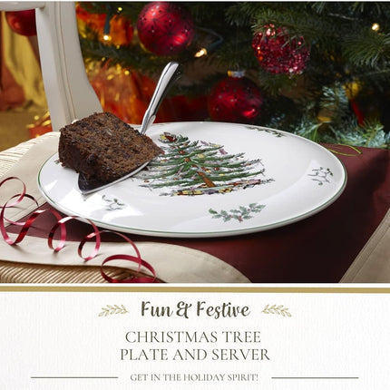 Spode Christmas Tree Cake Plate & Server Set - 11.5 Inch Fine Porcelain Cake Plate with Stainless Steel Server for Holiday Parties - Festive Christmas Tableware, Seasonal Dinnerware