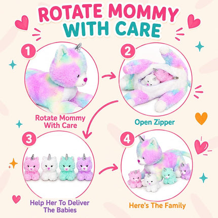 PixieCrush Snugababies Unicorn Kitty Cat Stuffed Animals for Girls Ages 3 4 5 6 7 8 Years; Stuffed Mommy Unicorn Kitty Cat with 4 Baby Unicorns in her Tummy; Toy Unicorn Pillows for Girls