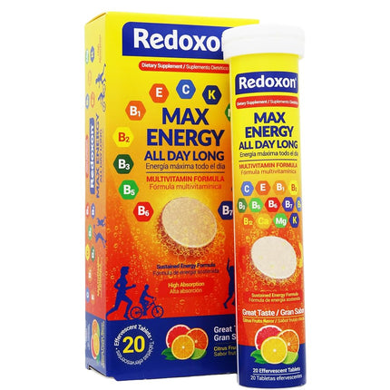 Redoxon Max Energy, aide à soutenir le système immunitaire, saveur agrumes, 20 comprimés effervescents, 80 g, boîte