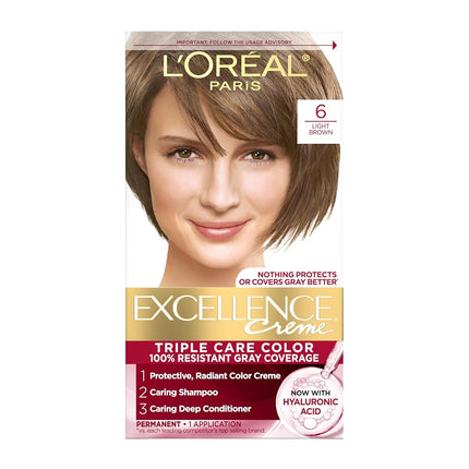 L'Oréal Paris Excellence Crème Hair Colour 6 Light Brown – Permanent Hair Dye with Triple Care Colour Protection