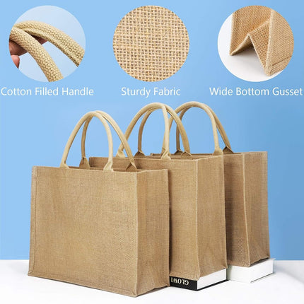 Segarty Tote Bags, 3 Pack Large Burlap Jute Reusable Canvas Gift Favors Bag with Handles Blank Tote Bulk for Bridesmaid Wedding, Women Market Grocery Shopping, Bachelorette Party, Beach Trip, DIY