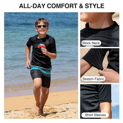 Kanu Surf Camiseta de natación de manga corta de protección solar UPF 50+ con estampado de olas para niños, Bora Bora Black, 12