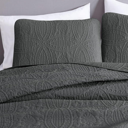 Chezmoi Collection Austin 3-Piece Oversized Bedspread Coverlet Set (Queen, Charcoal), Microfiber