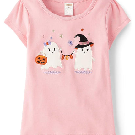 Gymboree Girls' and Toddler Embroidered Graphic Short Sleeve T-Shirts, Pink Ghost, 5T