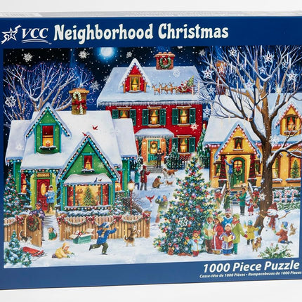 Neighborhood Christmas Jigsaw Puzzle 1000 Piece by Vermont Christmas Company - Fully Interlocking & Randomly Shaped Pieces - 26 5/8" x 19 1/4"