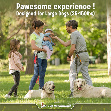 Correa manos libres Pet Dreamland para correr, caminar, hacer senderismo, ciclismo y entrenar con perros. Arnés elástico, cinturón ajustable, asa simple o doble, costuras reflectantes. Perros pequeños, medianos, grandes.