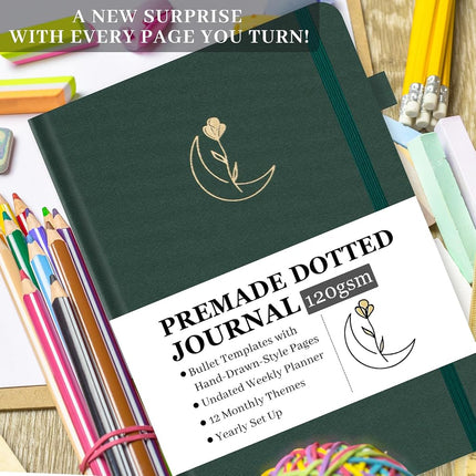 ONGROX Premade Bullet Style Notebook with Hand-Drawn Pages, Dotted Journal with Unique Pre-Made Bullet Templates, Undated Planner with Weekly Spreads & Monthly Themes, 12 Months, A5 Linen Hardcover