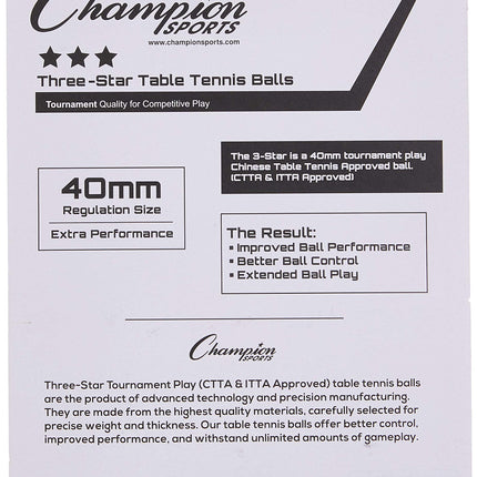 Champion Sports 3 Star Table Tennis Ball Pack, Tournament Size - Orange Ping Pong Balls, Set of 6, with 40mm Seamless Design - Professional Table Tennis Equipment, Accessories - CTTA and ITTA Approved