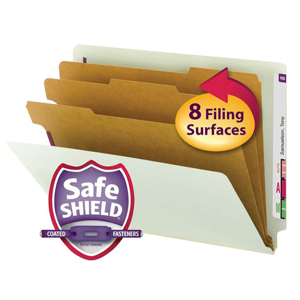 Smead 100% Recycled End Tab Pressboard Classification File Folder with SafeSHIELD Fasteners, 3 Dividers, 3" Expansion, Letter Size, Gray/Green, 10 per Box (26820)