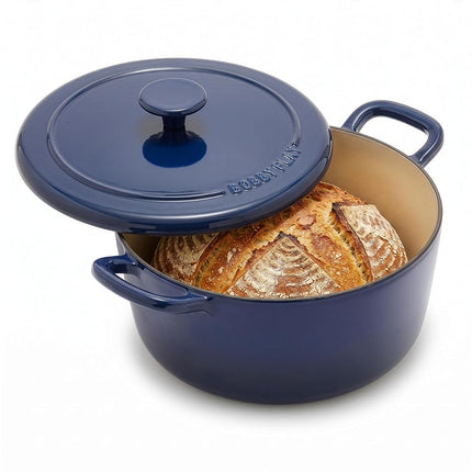 GreenPan by Bobby Flay 5.5QT Enameled Cast Iron Round Dutch Oven with Lid, Dual Handles, Oven Safe to 500F & Induction Suitable, Self Basting Lid, Ultra-Durable, Sear, Braising, Bread, Stews, Cobalt