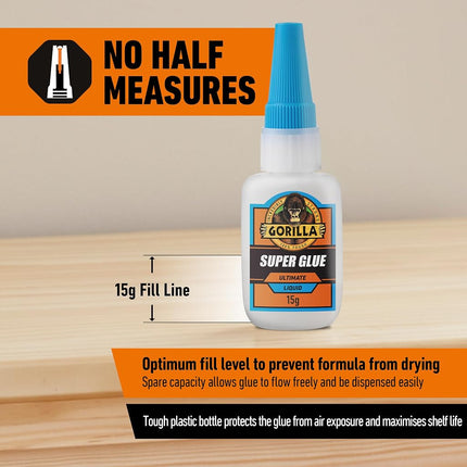 Gorilla Ultimate Super Glue, Clear Glue, 15 Grams (Pack of 1) - Fast-Setting Cyanoacrylate for Quick Fixes & Repairs with Anti-Clog Cap