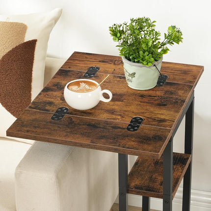 HOOBRO C Shaped Side Table, Foldable Small Table, Snack Table with Storage Shelf, Suitable for Living Room Bedroom Small Spaces, Easy Assembly, Rustic Brown BF29SF01