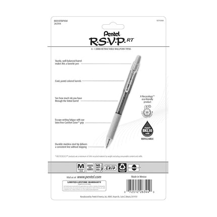 Bolígrafo retráctil Pentel RSVP RT Colors, línea mediana, cuerpo naranja, paquete de 2 (BK93CRBP2F)