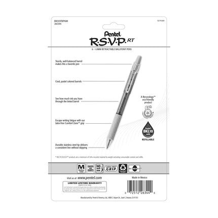 RSVP RT Pastel Barrel, Bolígrafo retráctil, (1.0mm) Med, Tinta surtida (Paquete de 6)