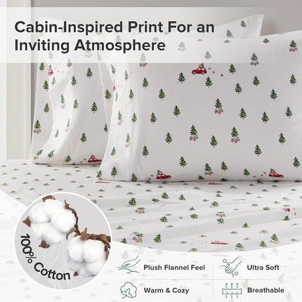Woolrich Cotton Sheet Set Cottage Charms Print, 100% Cotton Flannel Sheets Warm & Fuzzy Bedding Set Twin Size Sheets, Fitted Pocket Fits Up to 12" Mattress, Twin Green Tree Trip 3 Piece