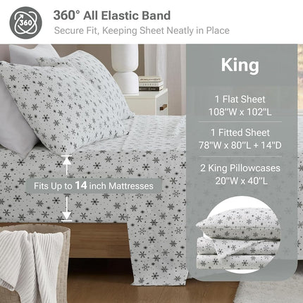 Sleep Philosophy True North Flannel Sheets King Size, Cozy 100% Cotton Flannel Bed Sheets, Ultra Soft Cute Sheet Set, Novelty Print Themed Cold Weather Warm Bedding Set, Black Snowflakes, 4 Piece