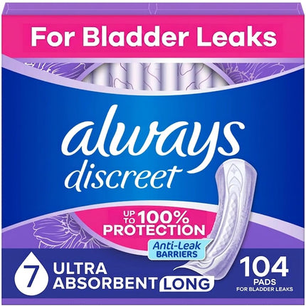 Always Discreet Adult Ultimate Extra Protection Incontinence & Postpartum Pads with Rapid Dry, 26 Count x 4 Packs (104 Count Total)