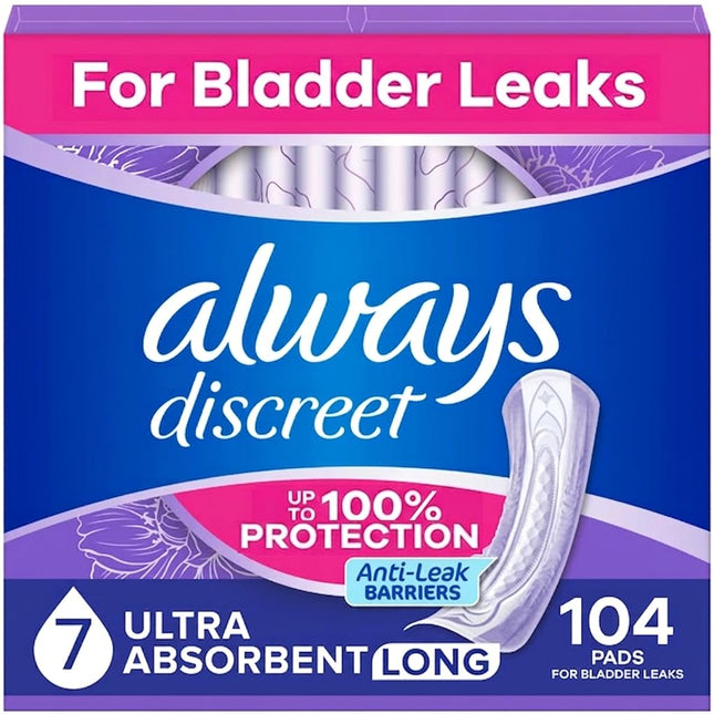 Always Discreet Adult Ultimate Extra Protection Incontinence & Postpartum Pads with Rapid Dry, 26 Count x 4 Packs (104 Count Total)