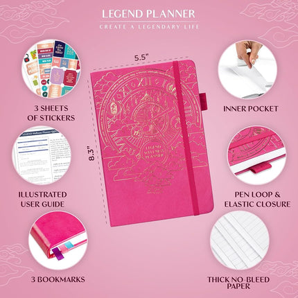 Legend Wellness Planner & Food Journal – Daily Diet & Health Journal with Weight Loss, Measurement & Exercise Trackers – Lifestyle & Nutrition Diary – Lasts 6 Months, A5 size – Hot Pink