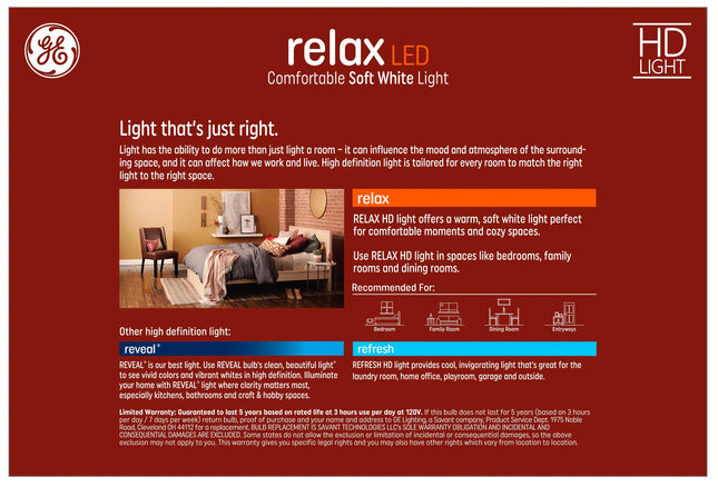 GE Relax Paquete de 8 bombillas LED A19 de luz blanca suave, regulables, equivalente a 60 W