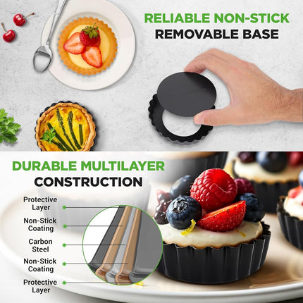 Nutrichef Nonstick Mini Tart Pans,10-Piece Heavy Duty 10cm Steel Quiche Pans with Removable Bottom, Oven & Dishwasher Safe, Fluted Edge for Mini Pie Crust and Tart Shells, Black