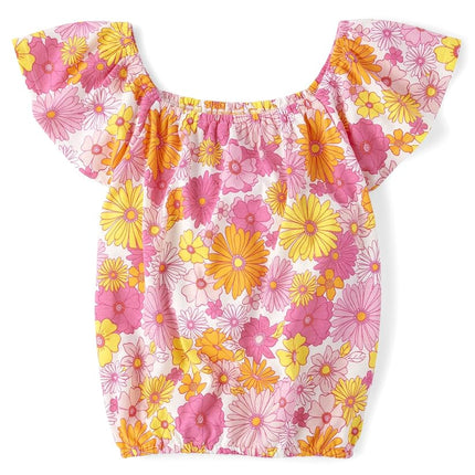 The Children's Place Girls' Short Puff Sleeve Fashion Top, Fushia Floral, Medium