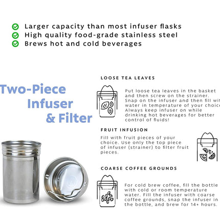 25 oz Multi-Function Travel Mug and Tumbler | Tea Infuser Water Bottle | Fruit Infused Flask | Hot & Cold Double Wall Stainless Steel Coffee Thermos | by Here & Now Supply Co. Zen Black