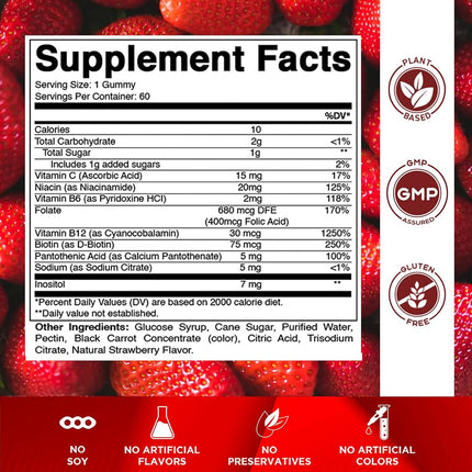 Vitamatic Vitamin B Complex Gummies with Vitamin C & Inositol - Natural Strawberry Flavor - 60 Gummies (1 Bottle)