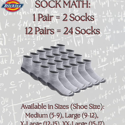 Dickies Men's Dri-tech Moisture Control Quarter Multipack Socks (Pack of 12), Grey (12 pairs), Shoe Size: 5-9